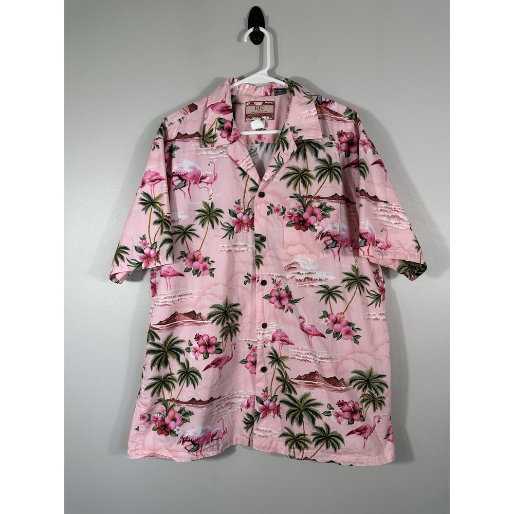 VTG RJC Hawaiian Shirt Mens XL Pink Flamingo Hibiscus Tropical Camp USA